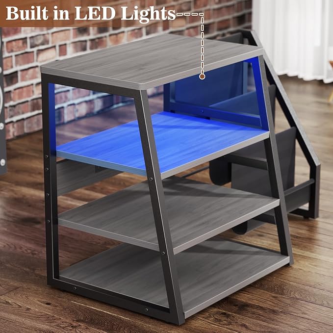 AV Media Stand with Outlets, Stereo Stands and Racks with Vinyl Storage, Stereo Stand with Record Storage, Audio Stereo Rack Cabinet, Turntable Console Stand with LED lights, 4 Tiers, Walnut Grey