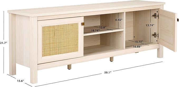 SAFAVIEH Evane TV Stand for up to 65" Flatscreen – Bleached White & Natural, 2 Doors with Interior Storage, 2 Open Shelves, Entertainment Media Console (MED9629C)