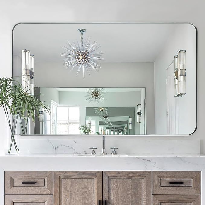 Brushed Nickel Bathroom Mirror, 24x40 Rounded Rectangle Mirror Modern Bathroom Vanity Mirror with Rustproof Alloy Aluminum Frame, Wall Mounted Vertically/Horizontally