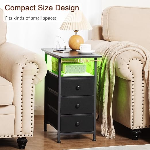 AMHANCIBLE Narrow End Table Living Room with Charging Station, Slim LED Nightstand with Fabric Drawers, Skinny Side Table for Bedroom, Small Spaces, Couch, Black, HETN013LBK-1