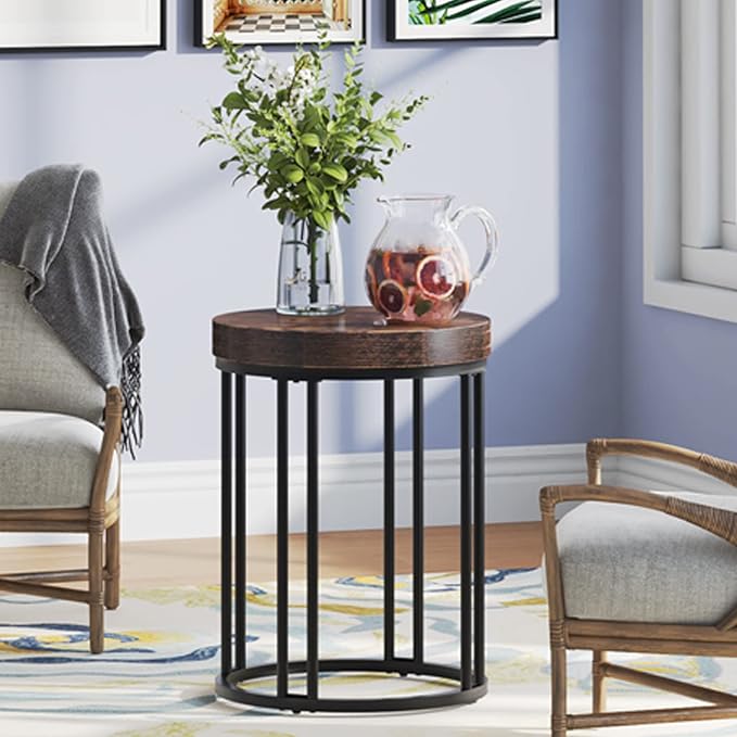 LITTLE TREE Round End Table, Industrial Side Table Small Accent Table, Metal Circle C Table Bed Side Table for Living Room Sofa Side Couch, Bedroom, Easy Assembly, Space Saving (Brown, 1PC)