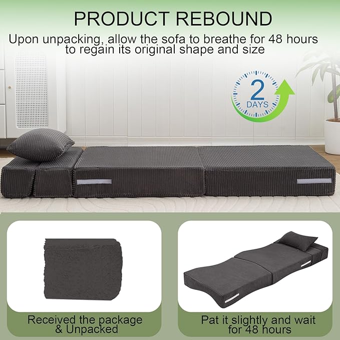 MeMoreCool Boneless Folding Sofa Bed Single, Corduroy Convertible Sleeper Chair, Foldable Foam Mattress Chair, Comfy Fold‑Out Futon Couch Bed, Small Floor Sofa Couch for Living‑Room Guest