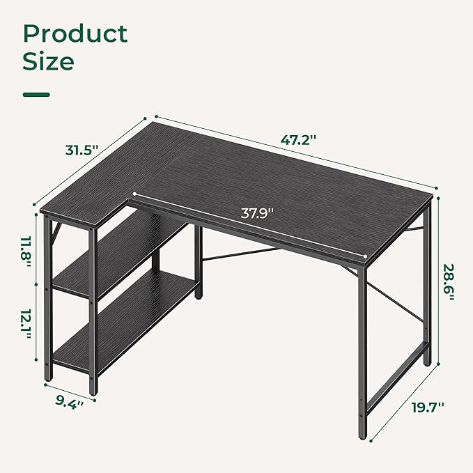 Huuger L Shaped Desk, 47 Inches Computer Desk with Reversible Storage Shelves, Gaming Corner Home Office Writing Study with Metal Frame, Black
