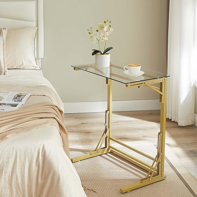 Tatub 24" Folding C Shaped End Table, Small Tempered Glass Side Table for Couch or Bed, Foldable TV Tray Laptop Desk with Gold Metal Frame