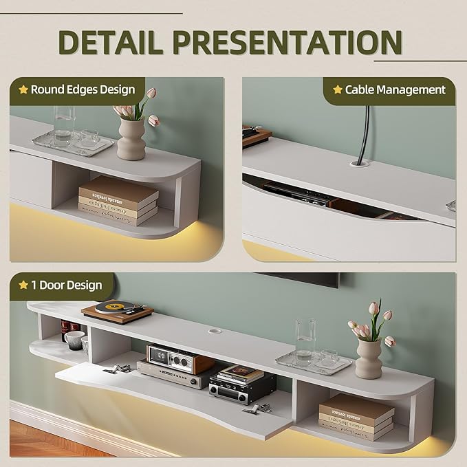 Floating TV Stand,70'' Wall Mounted TV Cabinet,Floating TV Console,Under TV Shelf with 1 Door and 2 Cabinets for TVs up to 75''(White)