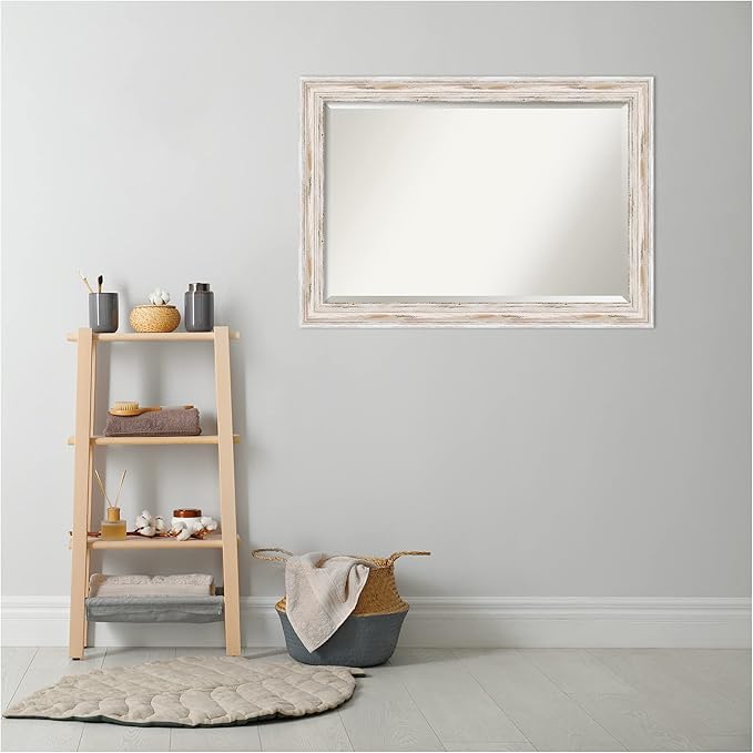 Amanti Art White Bathroom Mirror for Over Sink, 29x41 Alexandria White Wash Rectangle Vanity Mirror, Large Coastal Wood Frame, Hangs Horizonally and Vertically, Bathroom Wall Decor, Beveled Edge