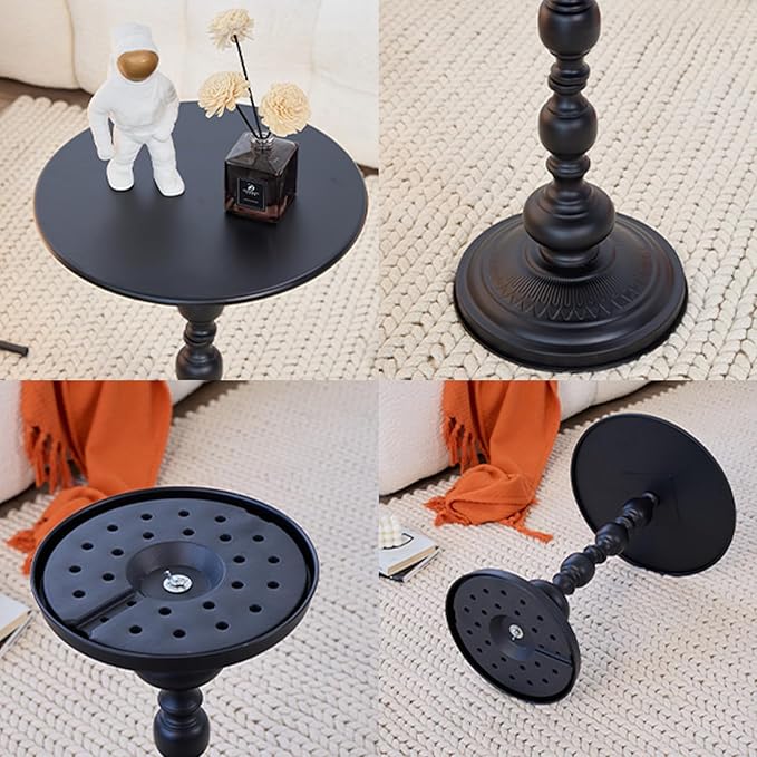 Chic Vintage Round Side Table with Elegant Roman Columns - Sturdy Metal Construction, Perfect for Coffee, End, Tea, or Leisure Use in Living Room or Bedroom Decor (Black 1 Pack)