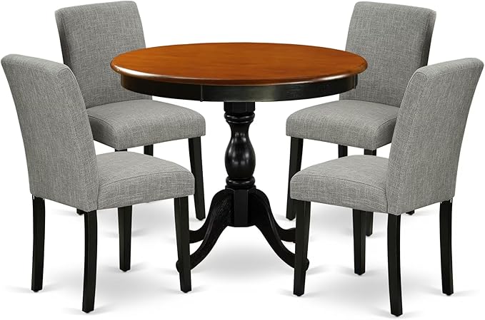 East West Furniture AMAB5-BCH-06 5 Piece Dining Set Includes a Round Kitchen Table with Pedestal and 4 Shitake Linen Fabric Parson Dining Chairs, 36x36 Inch, Black & Cherry