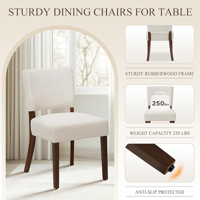 COLAMY Mid Century Modern Dining Chairs Set of 2, Upholstered Kitchen Chairs with Back, Farmhouse Fabric Side Dining Room Chairs with Wood Legs for Dining Room Kitchen Restaurant, Beige