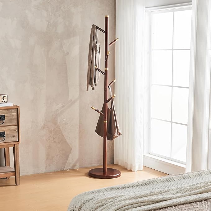 CozyDH Coat Rack Freestanding Solid Wood Coat Rack Stand, Coat Tree Freestanding with 7 Hooks Creative Tree Branch-look for Entryway, Hallway, Bedroom (Walnut)