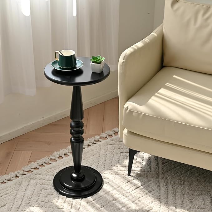 SwallowLiving Small Round Side Table, Tall Pedestal Drink End Tables Living Room, Narrow Night Stand for Small Spaces, Sofa Couch, Bedroom, Modern Wooden Beside Table Home Decor (Black, 12" x 25")