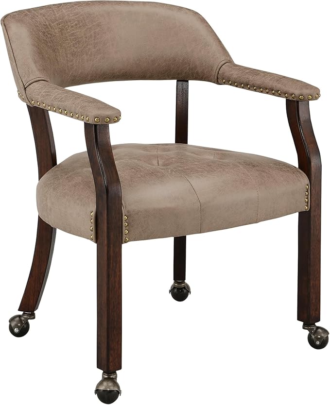LEEMTORIG Large Dining Chairs with Casters and Arms, Rolling Dining Chairs with Wheels, Accent Wood Boss Caption's Chairs, 26" D x 25.2" W x 31.5" H, Espresso Legs & Yellowish Brown Fabric SY-318-LT