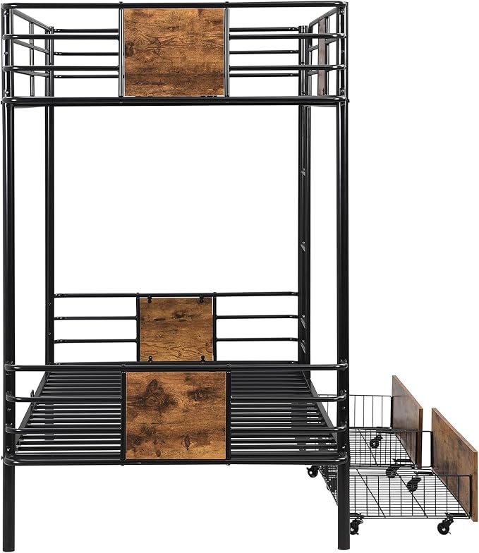 Twin XL Over Twin XL Metal Bunk Bed with MDF Board Guardrail,an Integrated Ladder,Full-Length Guardrails and Two Storage Drawers,Industrial Modern bunk-Bed,No Box Spring Needed,Black