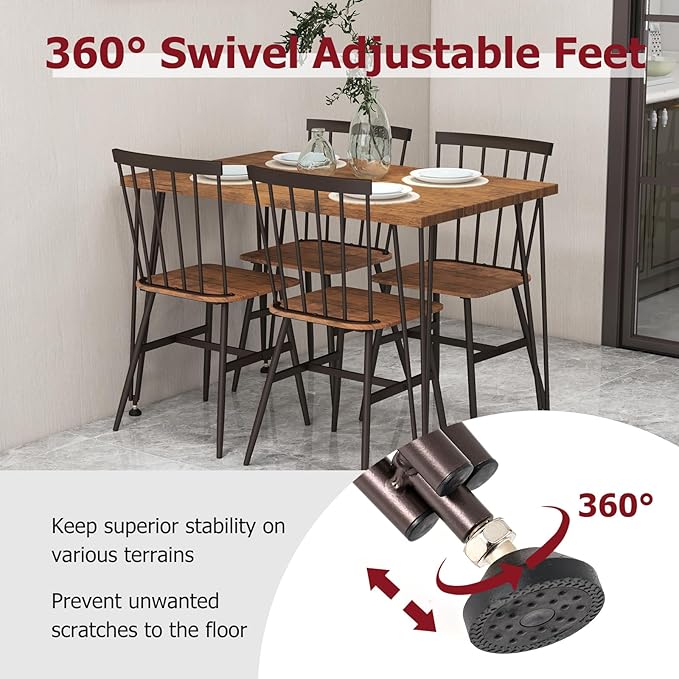 Tangkula Dining Table Set for 4, Kitchen Table and Chairs Set of 4 w/Metal Frame, 360° Swivel Feet, Space-Saving Dinette Table Set for Living Room, Restaurant, Breakfast Nook (Teak)