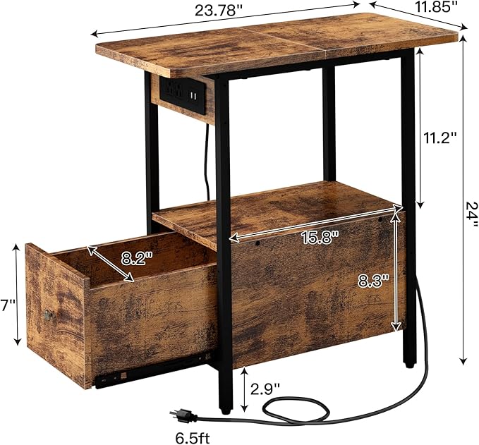 LIDYUK End Table with Charging Station, Narrow Side Table with Drawer and USB Ports & Power Outlets, Nightstand Bedside Tables for Small Spaces, Bedroom, Living Room, Rustic Brown, Set of 2
