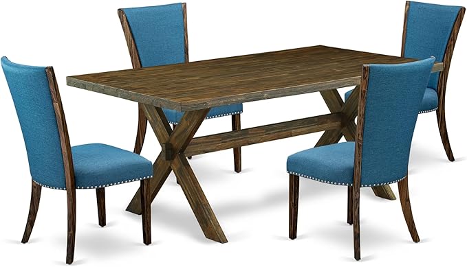 East West Furniture X777VE721-5 5 Piece Dining Table Set Includes a Rectangle Dining Room Table with X-Legs and 4 Blue Color Linen Fabric Parsons Chairs, 40x72 Inch, Multi-Color