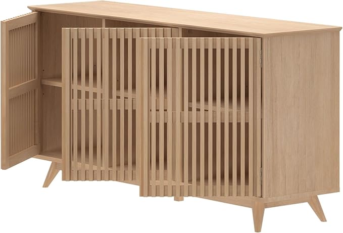 Plank+Beam Mid-Century Modern Wood TV Stand, Three Door Solid Wood Entertainment Console with Storage, 59" L x 16" W x 30" H, Blonde