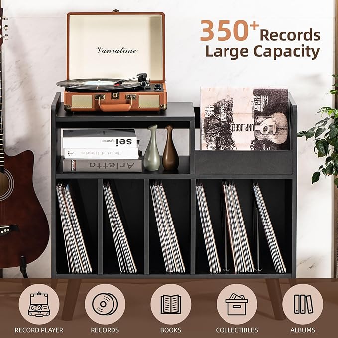 Record Player Stand, Large Record Player Table Cabinet with Open Vinyl Storage and Display Shelf Holds up to 350 Albums, Mid Century Wood Turntable for Living room