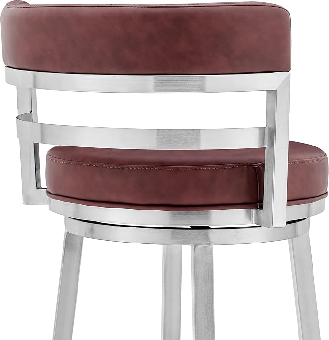 Armen Living Titana 26" Counter Height Swivel Red Faux Leather and Brushed Stainless Steel Bar Stool