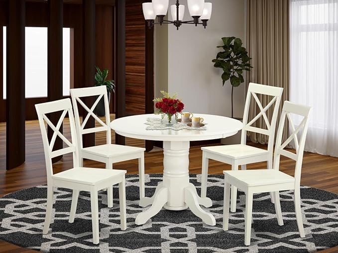 East West Furniture SHBO5-WHI-W 5 Piece Dining Room Table Set Includes a Round Wooden Table with Pedestal and 4 Kitchen Dining Chairs, 42x42 Inch, Linen White