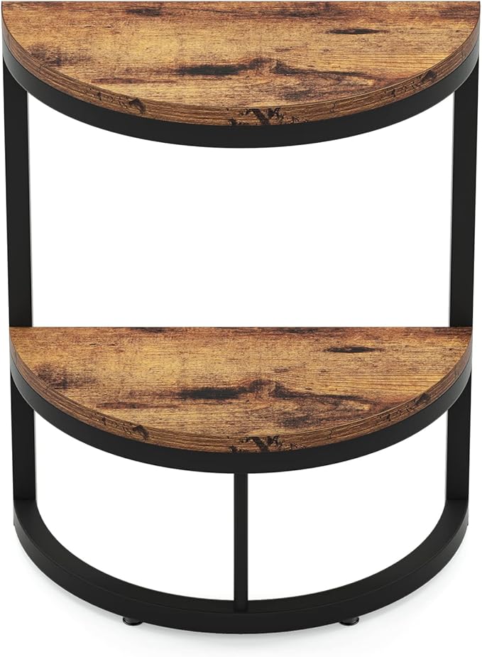 LITTLE TREE 2-Tier End Table Half Round with Storage Shelf, Small Side Table Space Saving Narrow Accent Table for Living Room Sofa Couch, Bedroom, Rustic Brown
