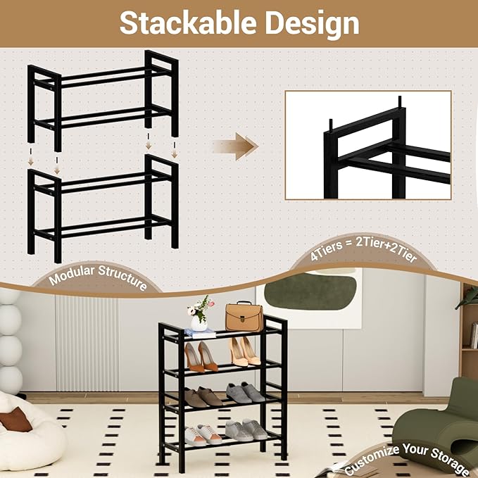 Haddockway Bamboo Shoe Rack for Closet, Free Standing Shoe Organizer with Smooth Round Rods & Convenient Handles, Stackable Shoe Storage Shelf for Entryway, Hallway(Black, 4-Tier(Small))