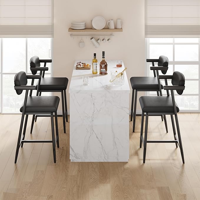 GarveeHome Counter Height Bar Stools of 4 with Armrests, 4 Piece Counter Height Bar Stools Set with Wood Back, Upholstered Seat & Metal Footrest for Kitchen Islands, Counter Bars, Retro Black