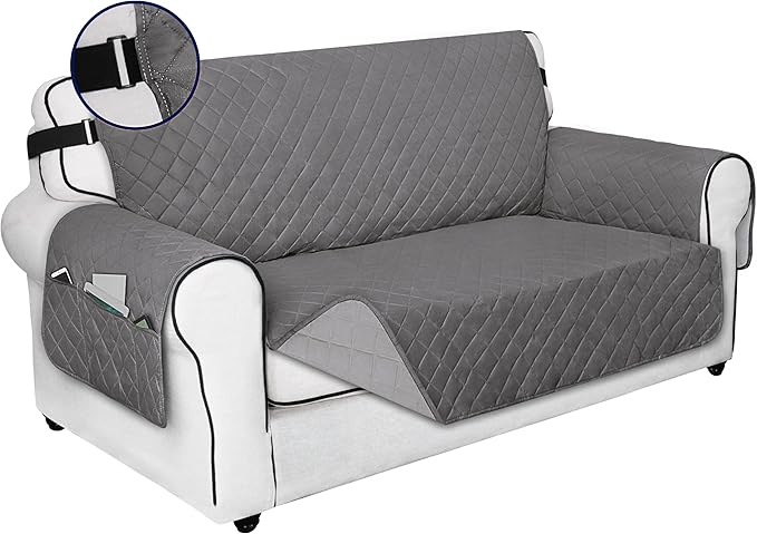 PureFit Reversible Sofa Cover Water Resistant Loveseat Couch Cover, Machine Washable Furniture Cover with Non-Slip Foam and Adjustable Strap for Dogs, Pets (Loveseat, Gray/Light Gray)