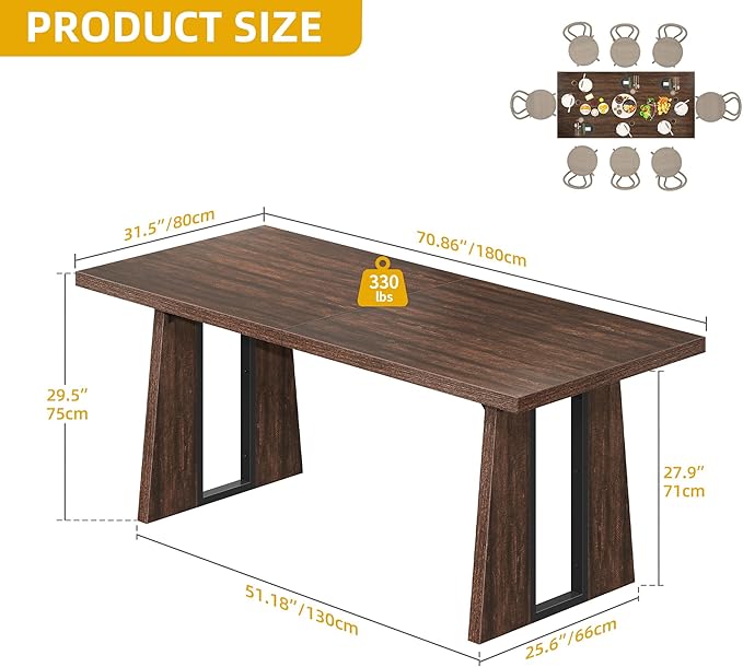 DWVO Rectangle Dining Table for 6-8 People 70.86 Inch Large Dining Room Table Wooden Dinner Tables with Heavy Duty Legs for Kitchen Apartment Restaurant Walnut