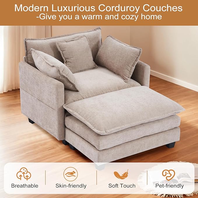 Furniliving Oversized Accent Chairs with Ottoman, Luxury Chenille Single Sofa, Upholstered Deep Seat Chaise Lounge with Pillows for Living Room, Bedroom, Apartment, Camel