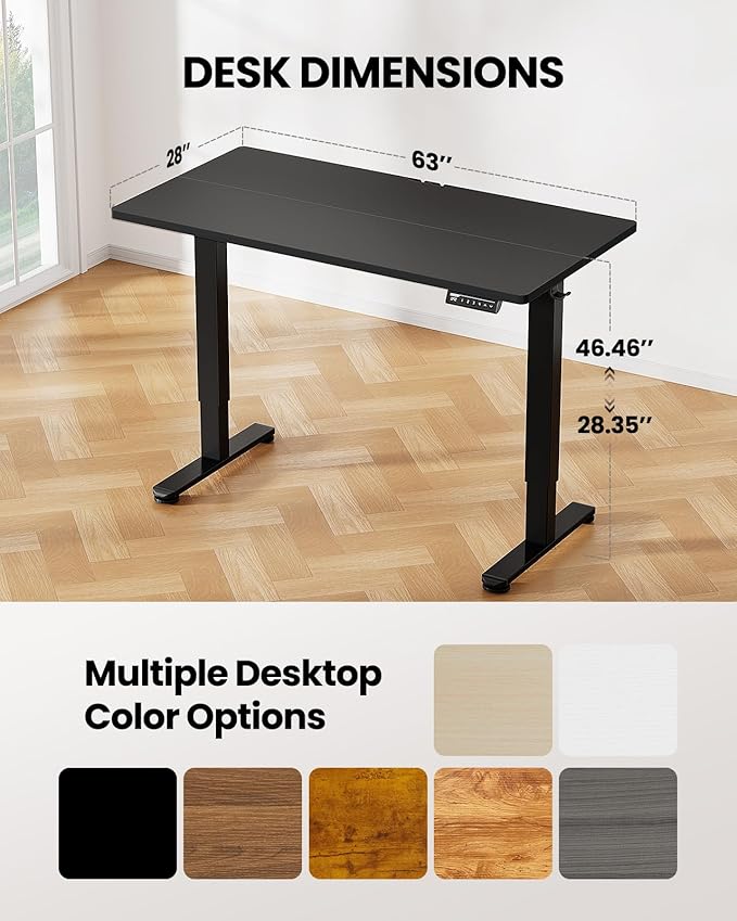 ErGear Height Adjustable Electric Standing Desk, 63 x 27.5 Inches Sit Stand up Desk, Large Memory Computer Home Office Desk with Two-Piece Desktop (Black)