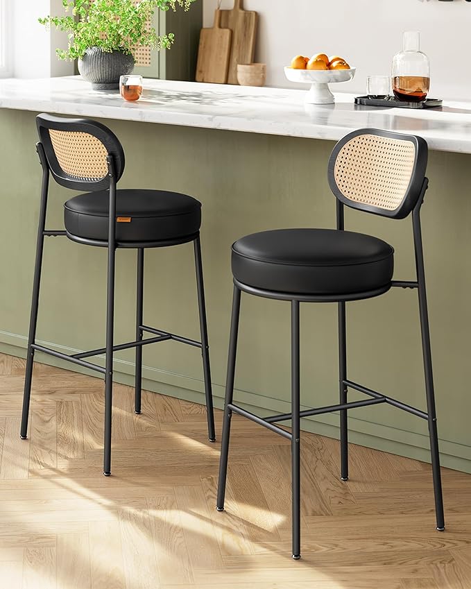 VASAGLE Bar Stools Set of 2, Bar Height Stools with Rattan Back and Metal Legs, 30.1-Inch Tall Counter Chairs, Modern Leather Upholstered Barstools for Kitchen Island Dining Room, Ink Black