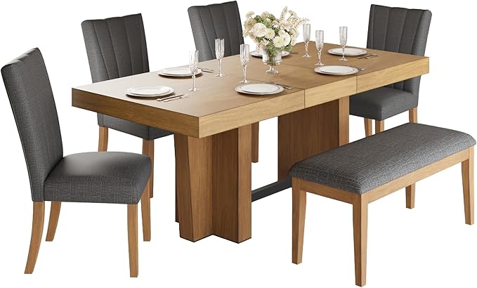 Ball & Cast 6 Piece Farmhouse Dining Table Set with Extendable Table,4 Upholstered Chairs & 1 Bench,Wooden Kitchen Table Set of 6,Backrest Chair with Table & Upholstery-Bench,for Dining Room,Gray