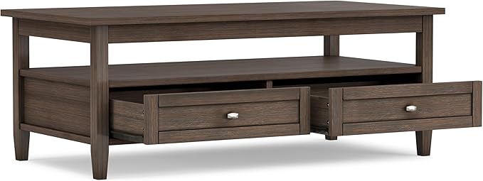 SIMPLIHOME Warm Shaker Coffee Table - 48 inch Wide Solid Wood Cocktail Table in Farmhouse Brown, Transitional Living Room Table with 2 Storage Drawers and Open Shelf for Sitting Area or Lounge