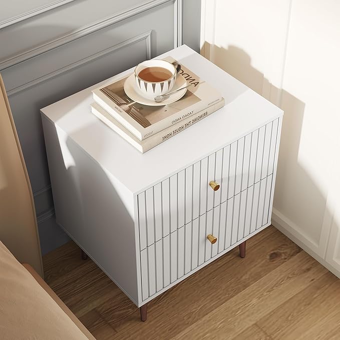 White Night Stand Set 2,Modern Bedside Table with 2 Drawers Storage,Fluted Nightstand and Wood End Side Table with Rose Gold Metal Legs and Handles for Bedroom,White