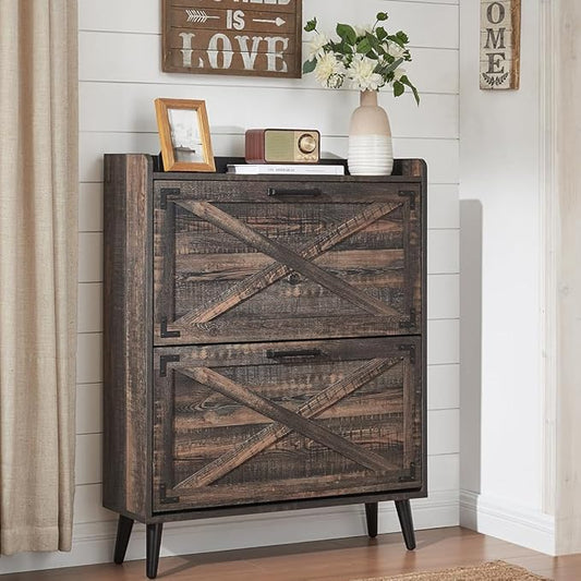 Shoe Storage Cabinet,Farmhouse Shoe Organizer with 2 Flip Drawers & Barn Door Design,Freestanding Hidden Slim Narrow Shoe Rack Cabinet for Entryway,Foyer,Hallway,Dark Oak