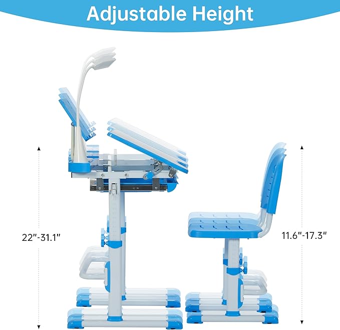 Real Relax Kids Desk and Chair Set, Children's Multifunctional School Tables with Tilt Desktop, LED Light, Metal Hook Blue