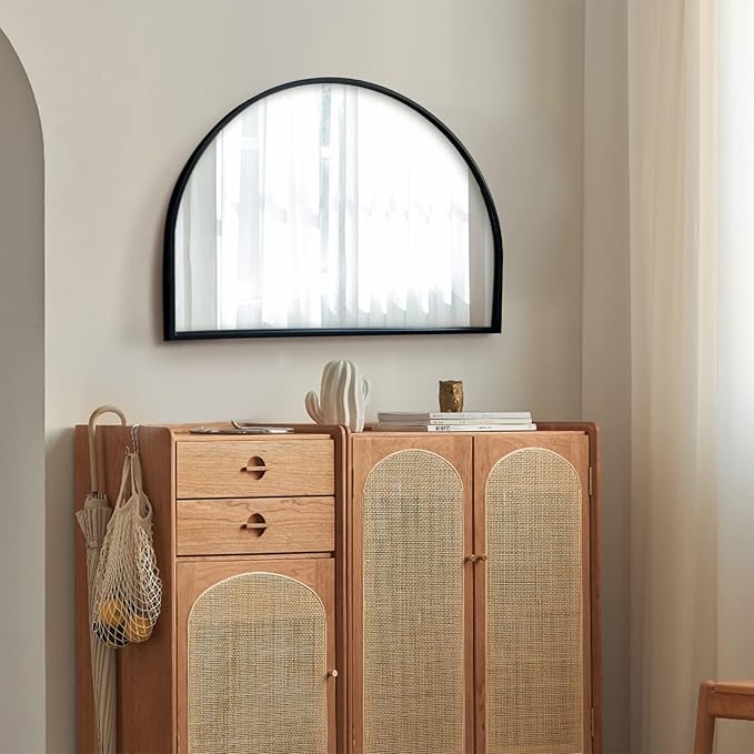 WAMIRRO Minimalist Black Arched Mirror,Large Farmhouse Bathroom Fireplace Mantel Horizontal Wide Arch Mirrors for Entryway/Living Room 26"X36"