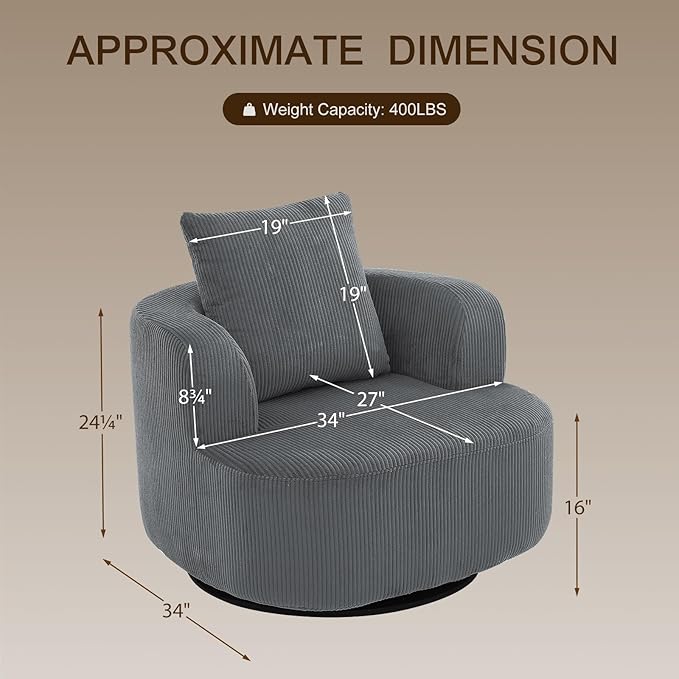Furnimart 360° Swivel Barrel Accent Chair Set of 2, Round Upholstered Comfy Lounge Chair, Corduroy High-Resilienc Foam Single Sofa, No Assembly Wide Seat for Living Room, Bedroom, Apartment (Gray)