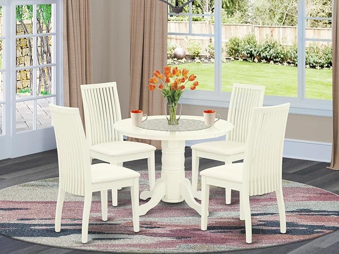 East West Furniture SHIP5-WHI-C 5 Piece Dining Room Furniture Set Includes a Round Kitchen Table with Pedestal and 4 Linen Fabric Upholstered Dining Chairs, 42x42 Inch, Linen White