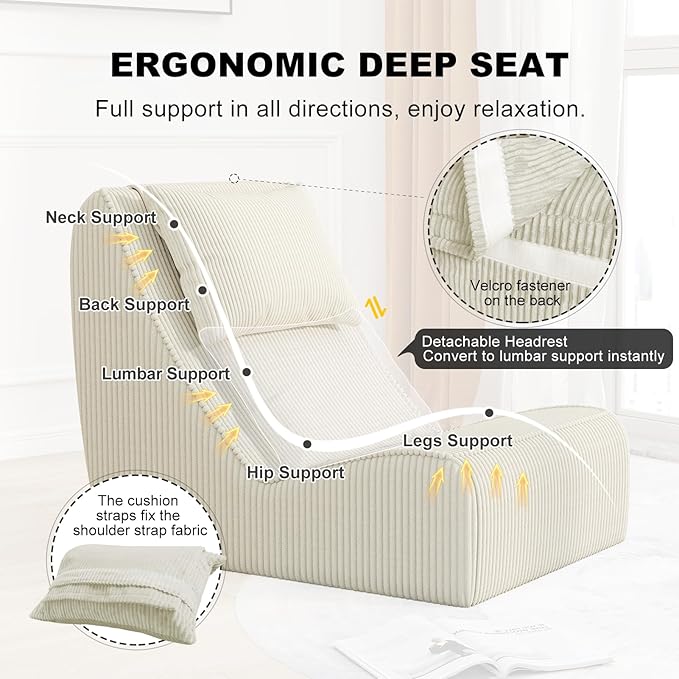 Giant Bean Bag Chair for Adults,Corduroy Chaise Lounge with Unrivaled Back Support, Detachable Neck Pillow, Comfortable Ottoman & Washable Cover for Living Room, Bedroom, Garden(White)
