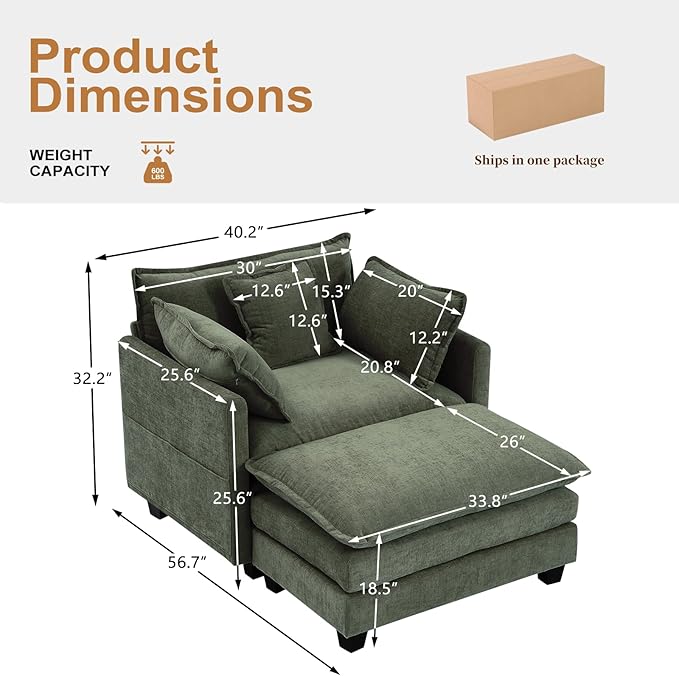 Furniliving Oversized Accent Chair with Ottoman, Luxury Chenille Single Sofa, Upholstered Deep Seat Chaise Lounge with Pillows for Living Room, Bedroom, Apartment, Green