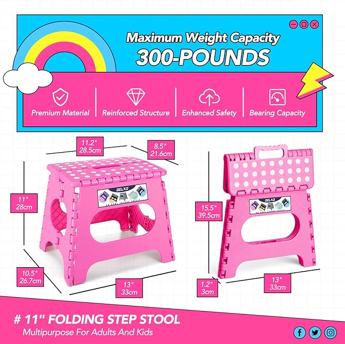 Delxo Folding Step Stool,11 Inch Non-Slip Foldable Step Stools,Portable Lightweight Small Folding Stool with Handle for Kitchen Bathroom in Pink,1 Pack