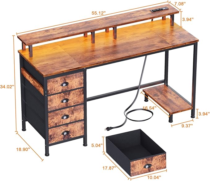 Furologee 55 Inch Computer Desk Gaming with 4 Fabric Drawers with Power Outlets and LED Lights for Home Office with Full Monitor Stand and Shelf Study Table for Small Spaces Rustic Brown
