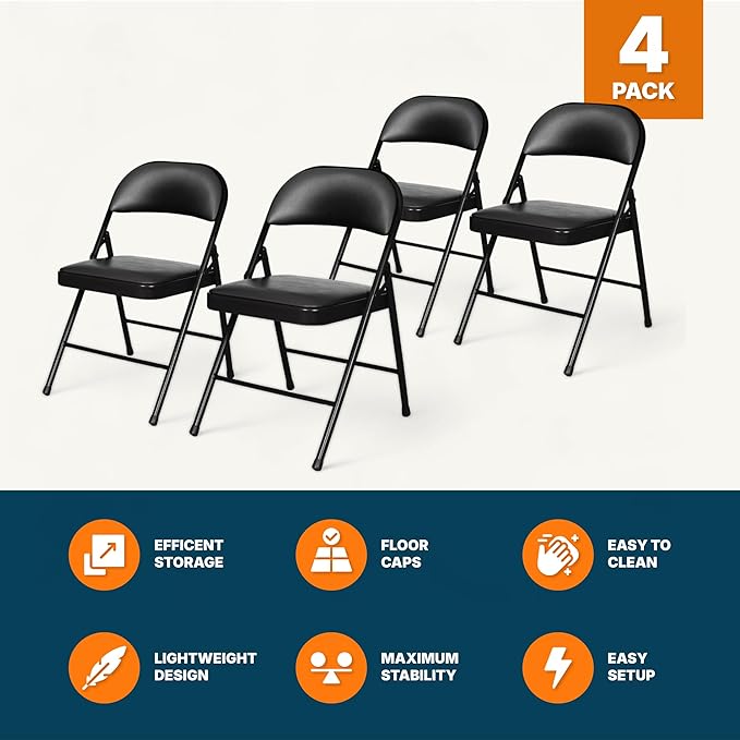 OEF Furnishings OEF950 Series Vinyl Padded Steel Folding Chairs (4-Pack, Black)