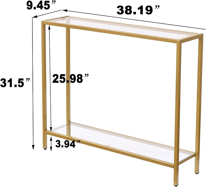 MAJARO Small Modern Console Table for Entryway, Tempered Glass with Metal Frame Sofa Table for Living Room, Hallway, Office (Double-Layer, Gold)