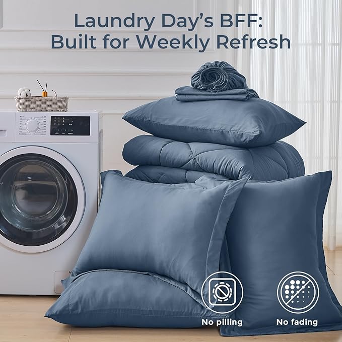 HEVUMYI Dusty Blue Full Comforter Set - 7-Piece All Season Bed in a Bag Full, Ultra Soft Bedding Set with Comforter, Flat Sheet, Fitted Sheet, Pillowcases, Pillow Shams