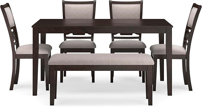 Signature Design by Ashley Langwest Transitional Diamond Patterned Dining Table with 4 Upholstered Chairs and Bench, Set of 6, Dark Brown & Beige
