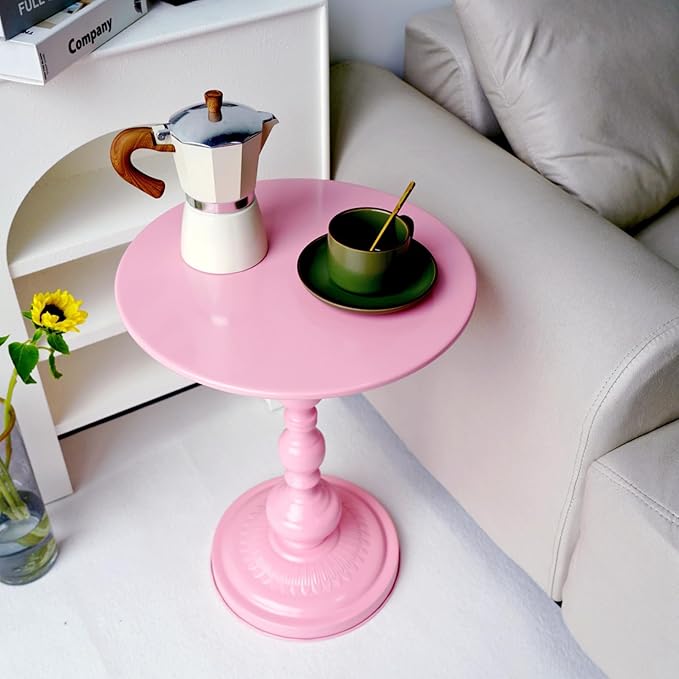 Benkyo Pink Round End Side Table Modern Metal Pedestal Spindle Side Tables for Living Room Bedroom，Pink