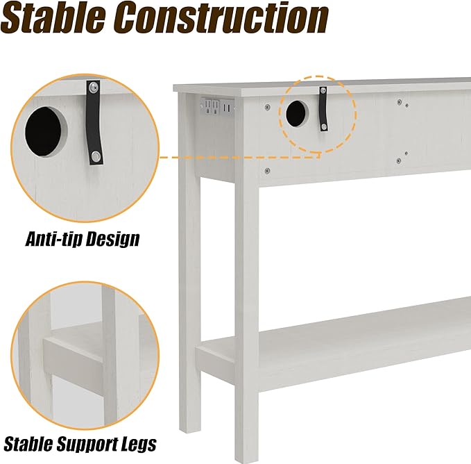 Entryway Table, Boho Console Table with 3 Storage Drawers and Storage Shelf, Sofa Table with Socket, for Entryway, Living Room, Behind Couch and Hallway (White)